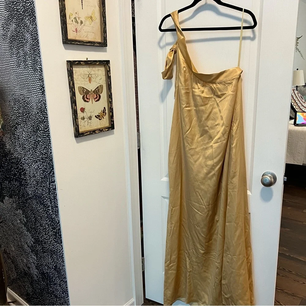 Free People Golden One Shoulder Dress Size XS Bow on Shoulder SOA